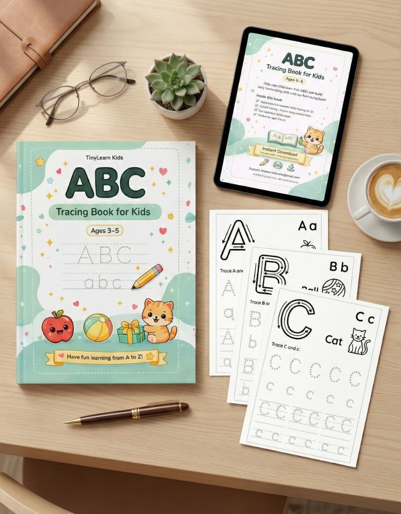 ABC Tracing Book for Kids - Mockup showing workbook pages and tablet preview